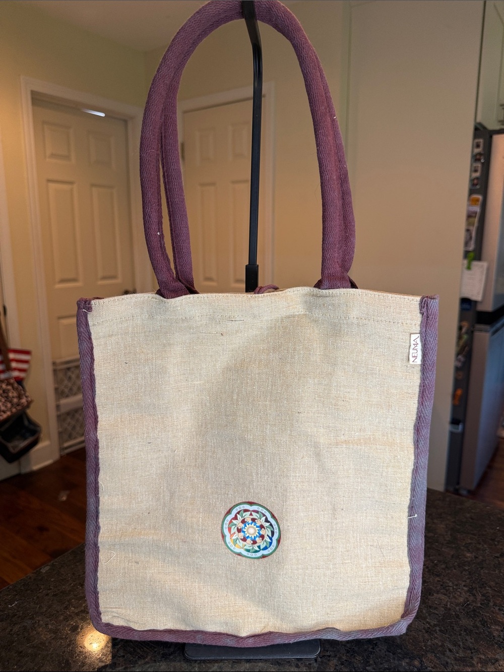 Natural Canvas Tote with Purple Trim and Handles by Unknown Brand